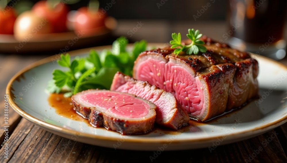 Sliced veal on a plate, elegant dining table background, dinner, veal, plate Sliced veal on a plate, elegant dining table background, dinner, veal, plate