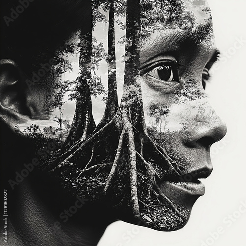 Brazilian Indian framing on his face an image of the forest with giant trees and their roots exposed in the Amazon, blending into the face as if they were one, union of images, double exposure in blac