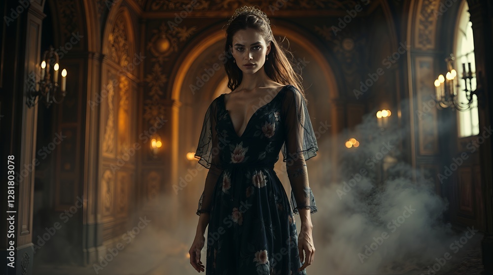 Fototapeta premium Woman in flowing black dress amid smoky ornate hallway