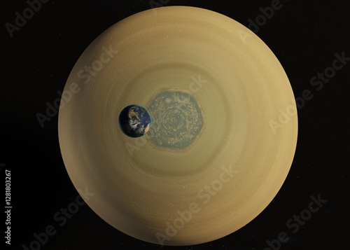 Obraz na płótnie Planet Earth next to the hexagonal storm on Saturn's north pole, Highlighting the impressive scale of this cosmic phenomenon in comparison to our planet. Elements of this 3D rendered illustration wher w salonie