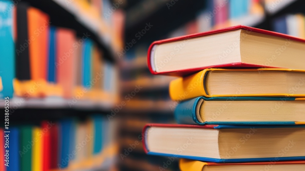 Colorful Stacked Books on Table with Blurred Library Background Colorful Stacked Books on Table with Blurred Library Background