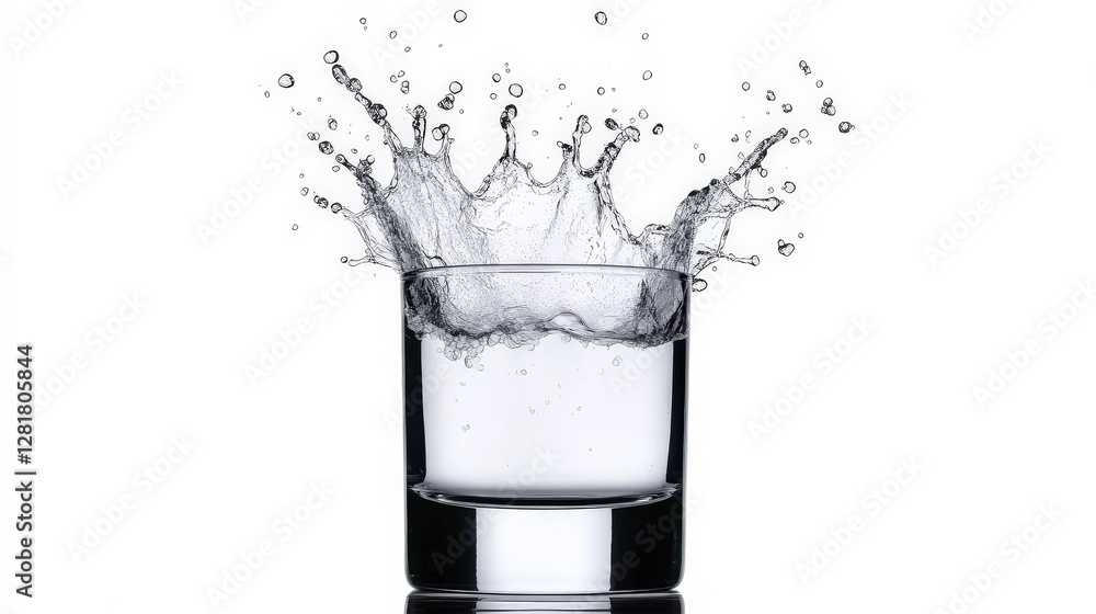 Splash of Water from Glass with Clear Liquid Captured in Motion Splash of Water from Glass with Clear Liquid Captured in Motion