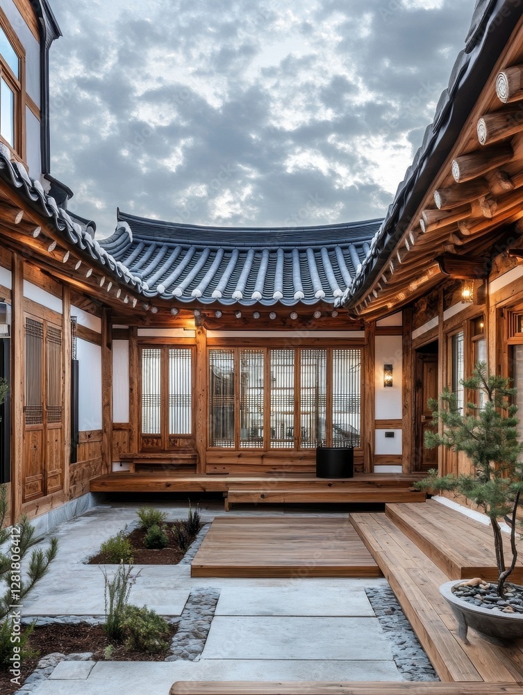 Naklejka premium The Korean Hanok courtyard showcases traditional wood architecture and design