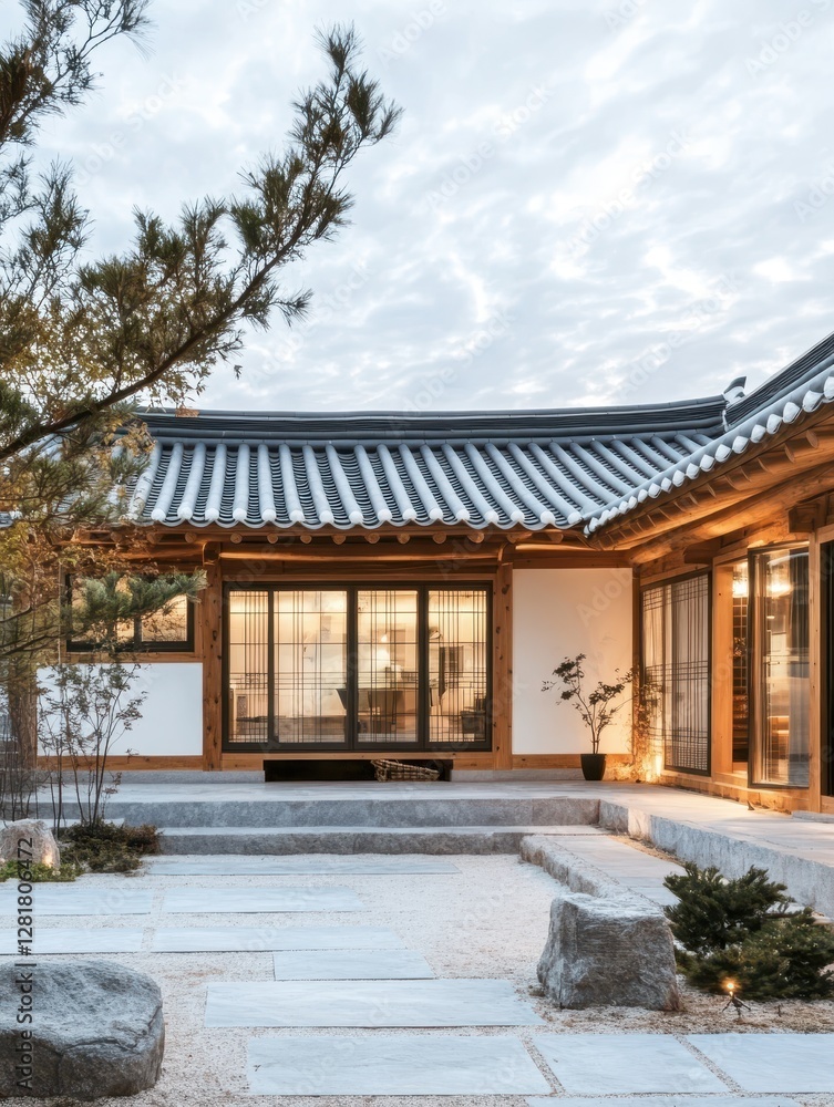 A traditional Korean courtyard showcasing a Japanese home and garden layout A traditional Korean courtyard showcasing a Japanese home and garden layout