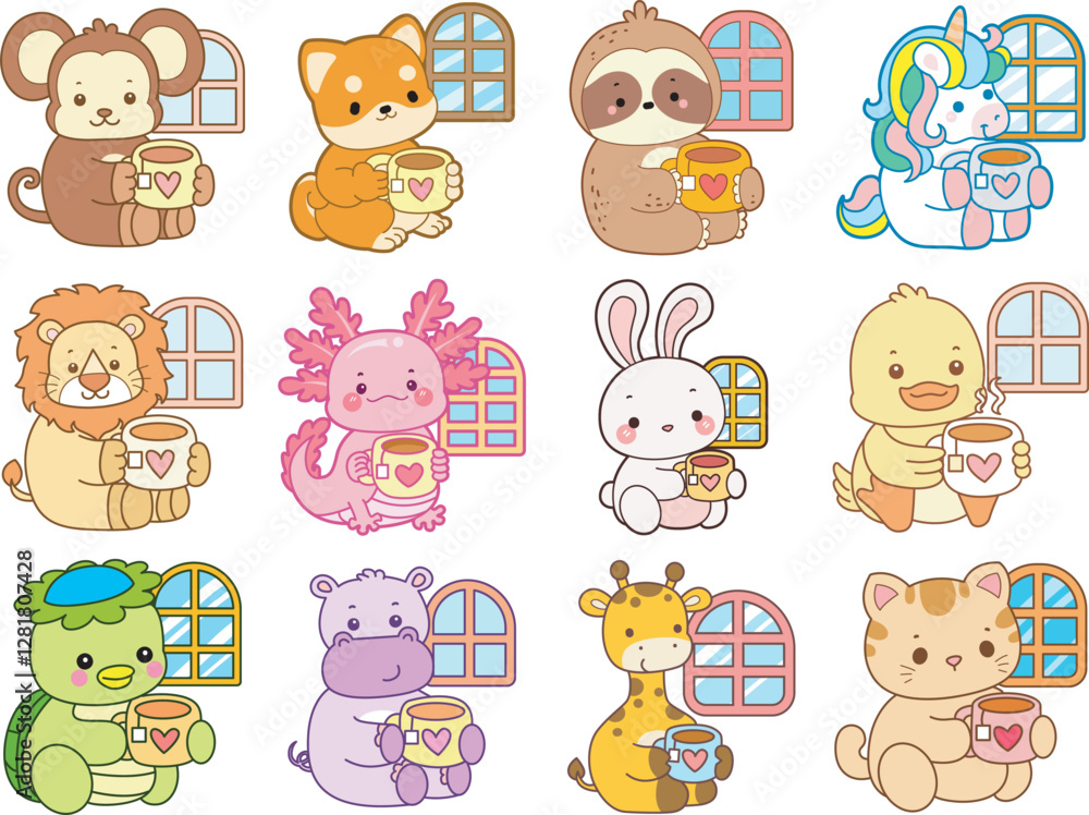Obraz premium Set Vector Stock Illustrations Isolated of Baby Animals. Cute animals with various activities. Funny sticker of animal kids.
