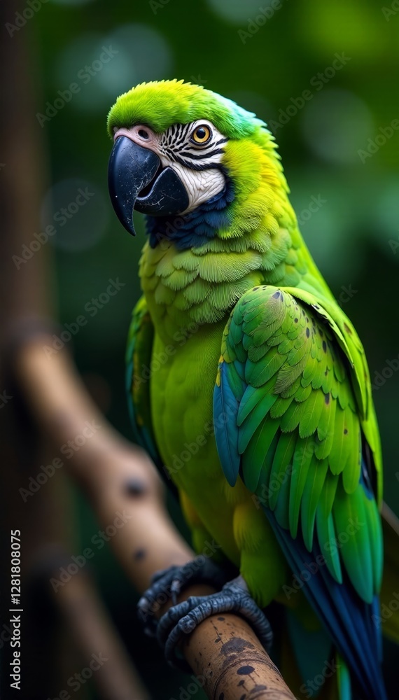 Obraz premium Vibrant zebra stripes swirling around a bright green parrot's feathers, parrot, vibrant, green