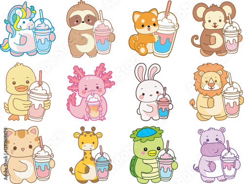Set Vector Stock Illustrations Isolated of Baby Animals.
Cute animals with various activities.
Funny sticker of animal kids.