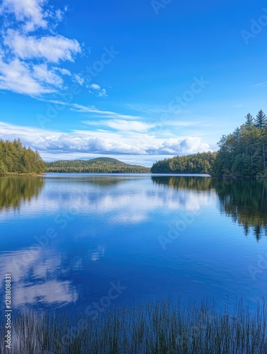 A tranquil scene of a lake nestled in a forest with a mountain range in the distance under a partly cloudy sky.