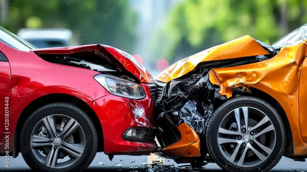 Frontal collision between two cars on a road, representing awareness of accidents on the road. Frontal collision between two cars on a road, representing awareness of accidents on the road.