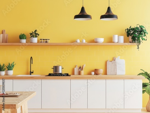 A modern kitchen interior with bright yellow walls and lighting