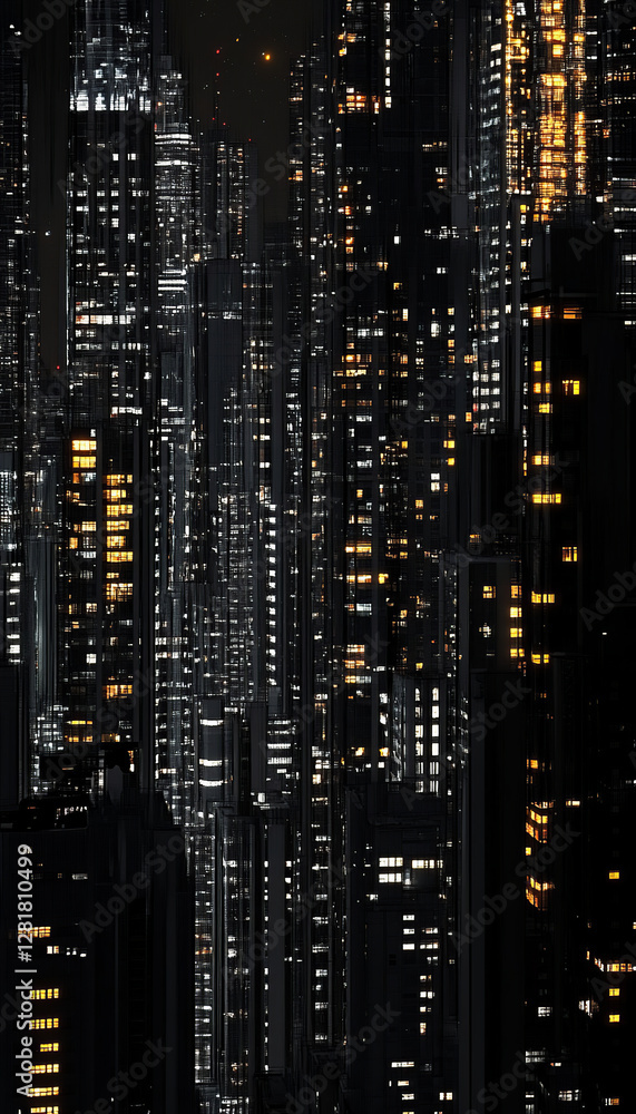 orthographic photograph of a partially lit large urban building at night orthographic photograph of a partially lit large urban building at night