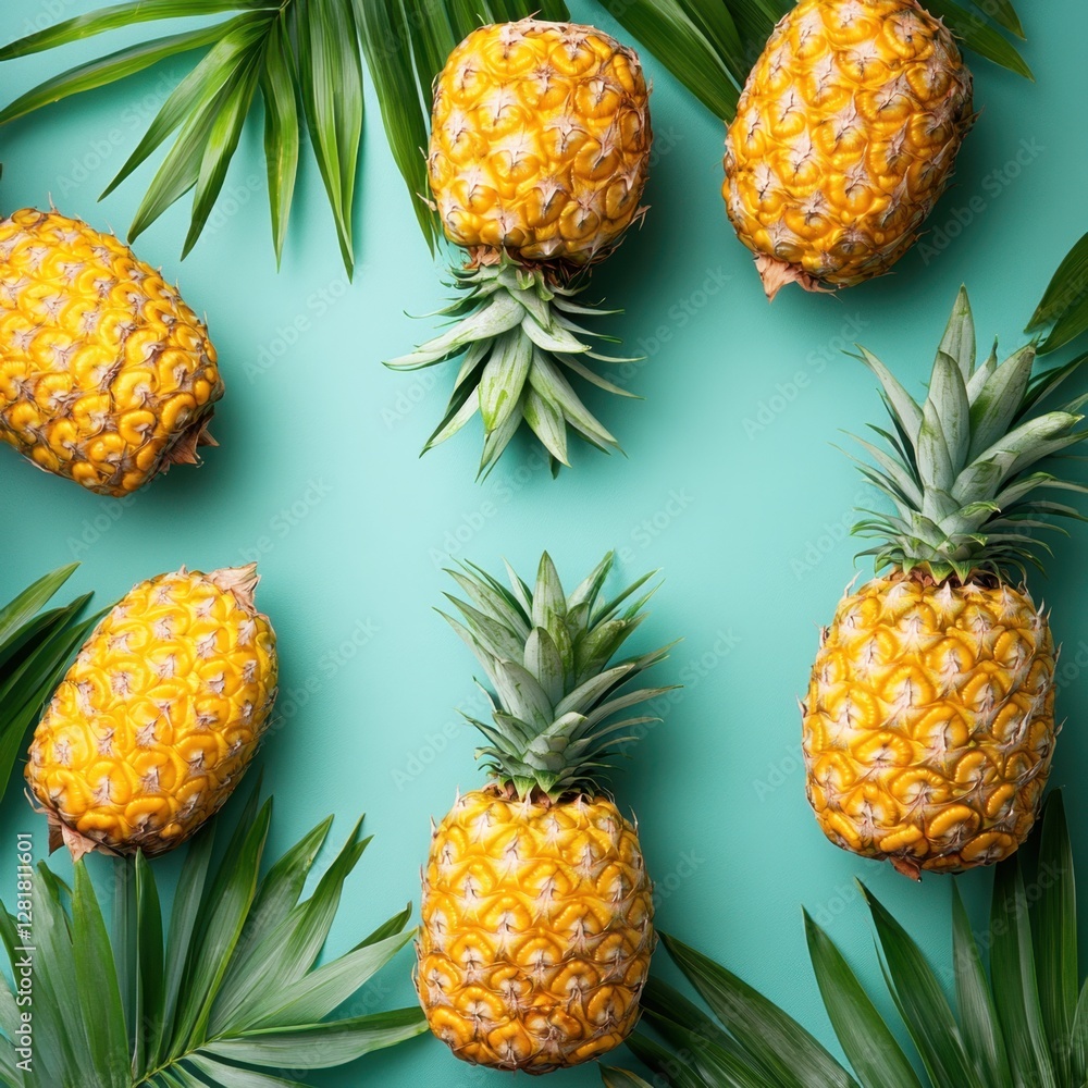 Vibrant pineapple arrangement with tropical palm leaves on a refreshing turquoise backdrop creating a summery and exotic mood Vibrant pineapple arrangement with tropical palm leaves on a refreshing turquoise backdrop creating a summery and exotic mood