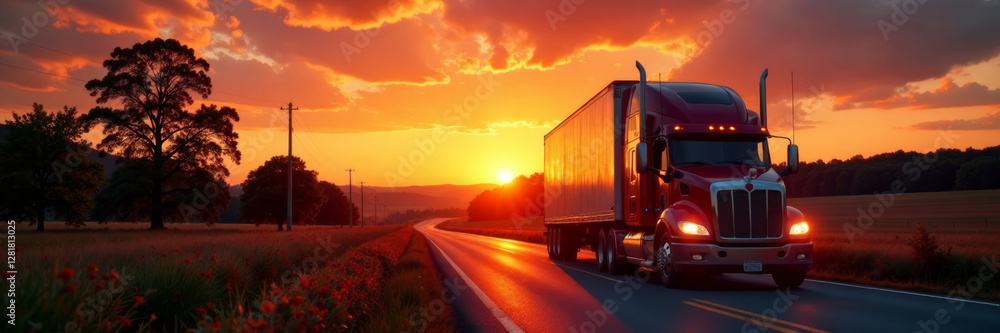 Semi-truck and trailer racing down a winding country road under a vibrant orange sunset sky with silhouetted trees , sunset, country road, trees Semi-truck and trailer racing down a winding country road under a vibrant orange sunset sky with silhouetted trees , sunset, country road, trees