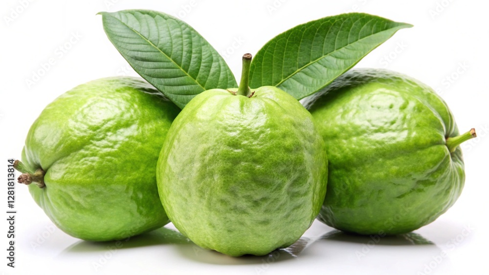 Fresh green guava fruit with leaves on a white background showcasing its natural beauty for food photography and advertising purposes
Fresh green guava fruit with leaves on a white background showcasing its natural beauty for food photography and advertising purposes