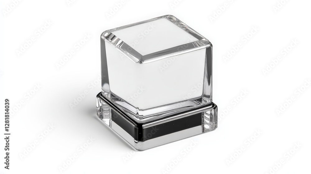 Clear Glass Cube with Black Base on White Background Clear Glass Cube with Black Base on White Background