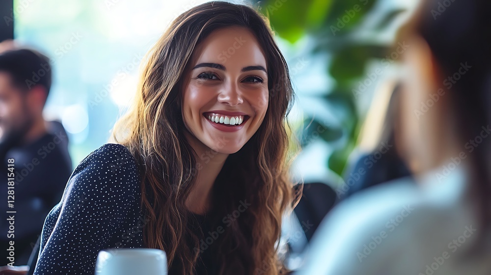 Happy woman smiling at coworker in office. Happy woman smiling at coworker in office.