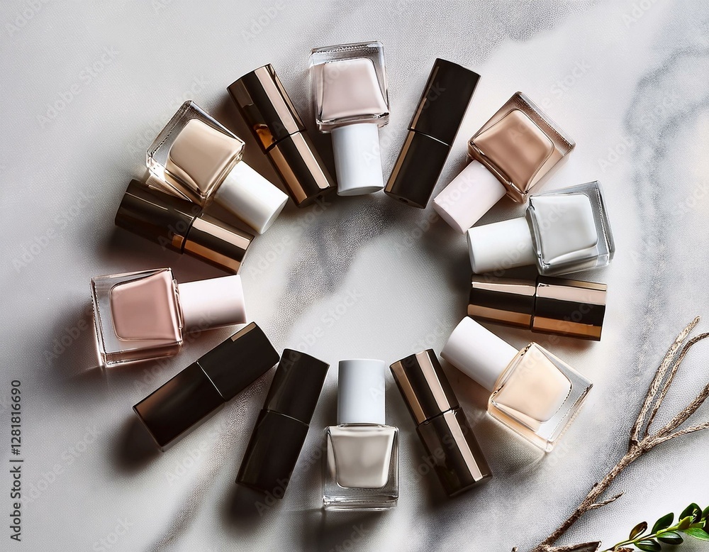 nail polish bottles of neutral colors arranged on a marble background nail polish bottles of neutral colors arranged on a marble background