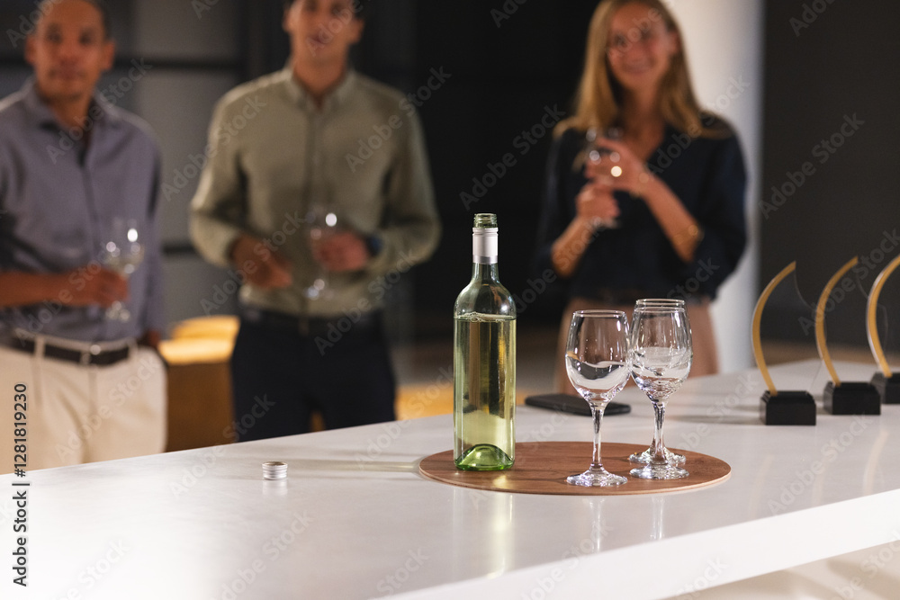 At office gathering, diverse colleagues having conversation and drinking wine together At office gathering, diverse colleagues having conversation and drinking wine together