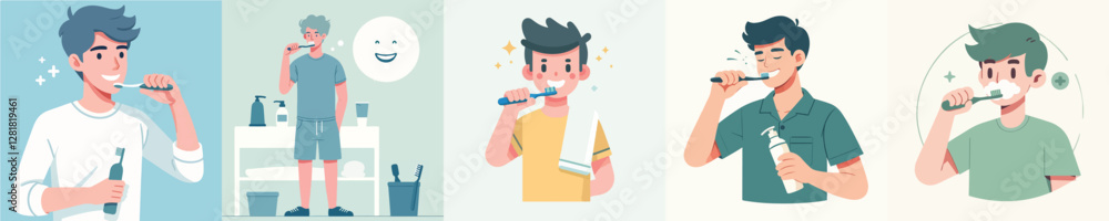 vector set of young men brushing their teeth vector set of young men brushing their teeth
