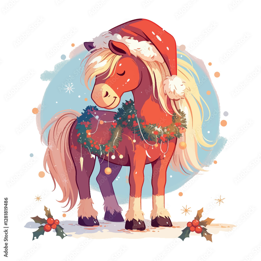 Εκτύπωση καμβά A horse wearing a Santa hat and a wreath of Christmas decorations