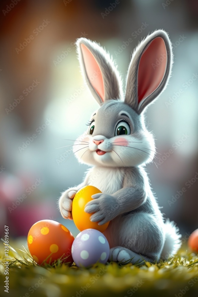 Fototapeta premium Adorable Easter Bunny with Colorful Eggs 3d Render