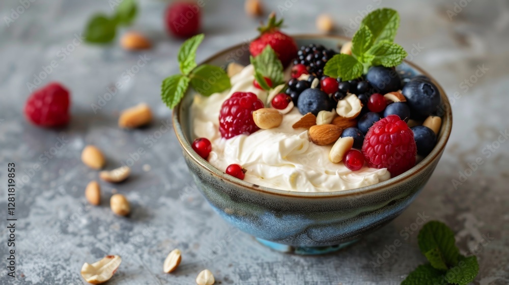Fresh berries and nuts with cream in ceramic bowl on rustic table Fresh berries and nuts with cream in ceramic bowl on rustic table