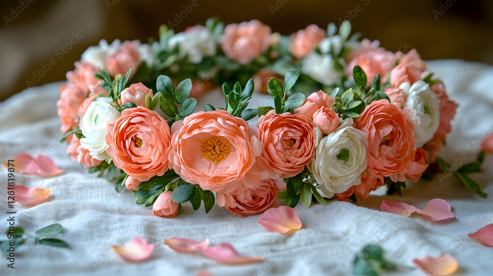 Peach and white flower crown on fabric, petals scattered, wedding decor Peach and white flower crown on fabric, petals scattered, wedding decor