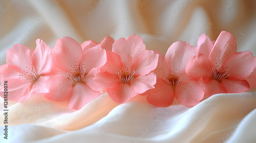 Peach blossoms on cream fabric, soft lighting, elegant backdrop, ideal for greeting cards Peach blossoms on cream fabric, soft lighting, elegant backdrop, ideal for greeting cards
