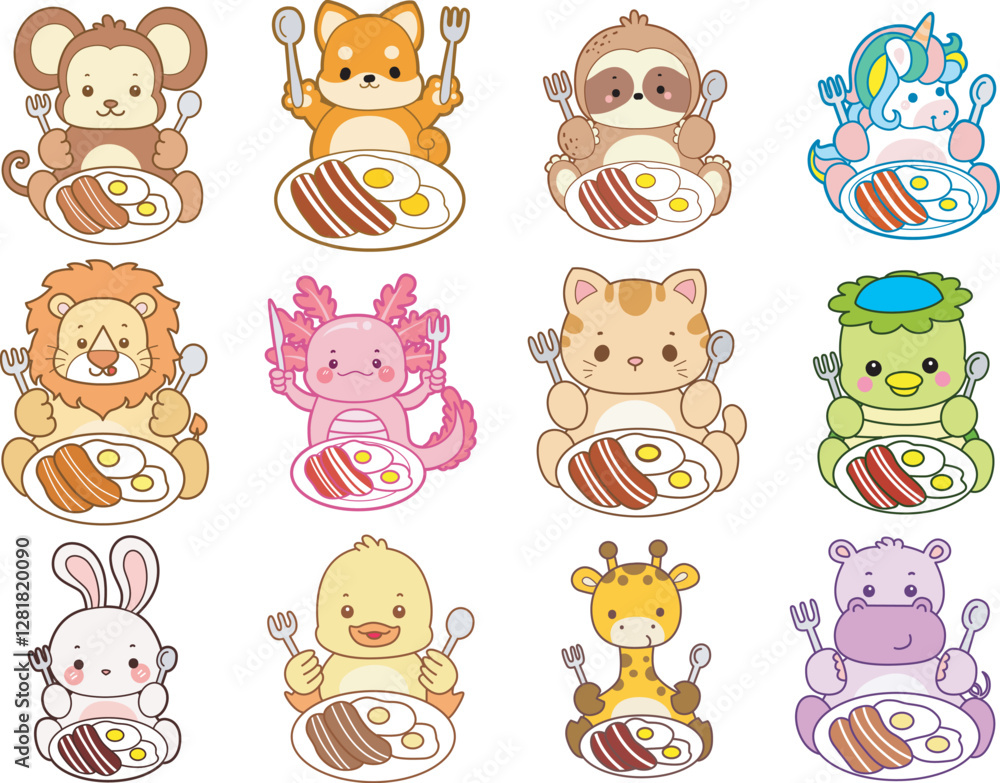 Fototapeta premium Set Vector Stock Illustrations Isolated of Baby Animals. Cute animals with various activities. Funny sticker of animal kids.