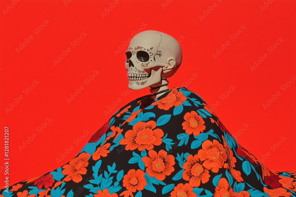 Day of the Dead Celebration: A decorative skull, adorned with intricate patterns and vibrant colors, draped with a floral shawl, set against a bright red background. Day of the Dead Celebration: A decorative skull, adorned with intricate patterns and vibrant colors, draped with a floral shawl, set against a bright red background.
