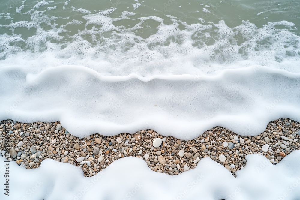 Obraz premium Waves gently lap against a rocky shoreline with white foam during a tranquil daytime at the beach