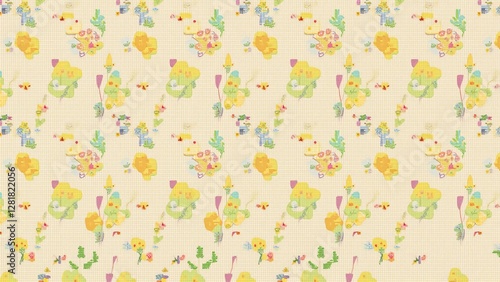Whimsical Floral and Creature Pattern Pastel Yellow and Cream Textile Design