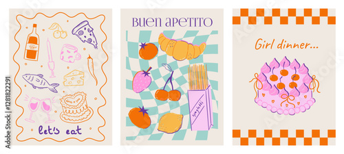 Set of abstract food posters with fruits, vegetables, cake, wine, pizza illustrations. Contemporary art prints in colorful trendy style. Dinner party wall art. Vector graphic