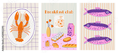 Set of abstract food posters with lobster, fish, breakfast illustrations. Contemporary art prints in colorful trendy style. Dinner party wall art. Vector graphic