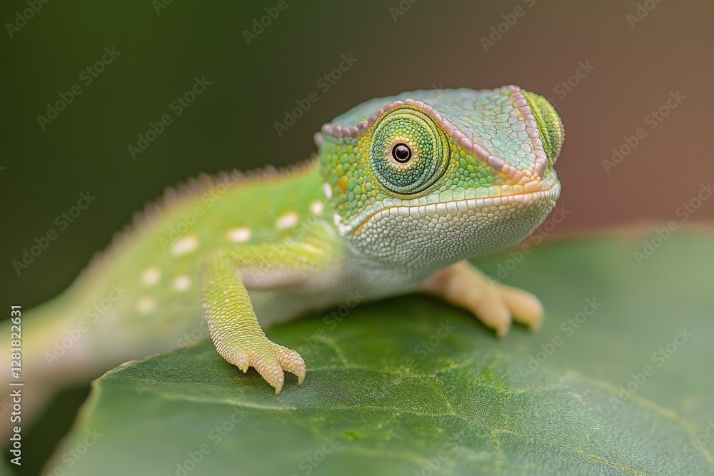 Fototapeta premium Vibrant chameleon perched on a green leaf in a lush tropical environment during daylight hours