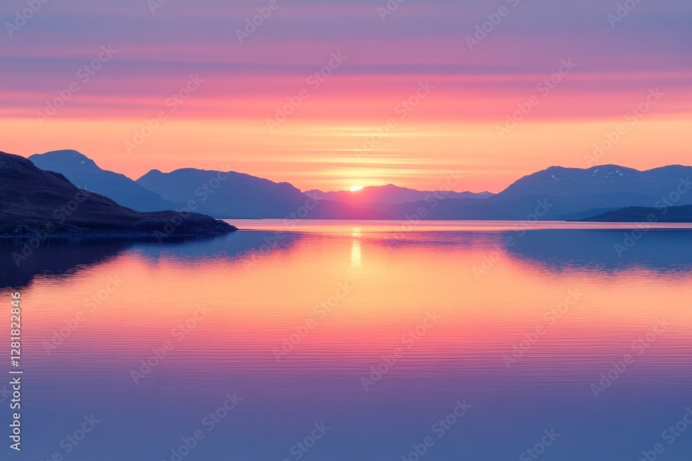 Sunset over calm waters with mountain silhouettes reflecting vibrant colors in the sky Sunset over calm waters with mountain silhouettes reflecting vibrant colors in the sky