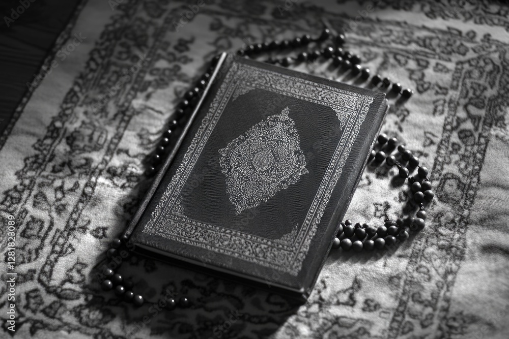 Naklejka premium An open Quran on a prayer mat, symbolizing Islamic faith and spiritual practice.