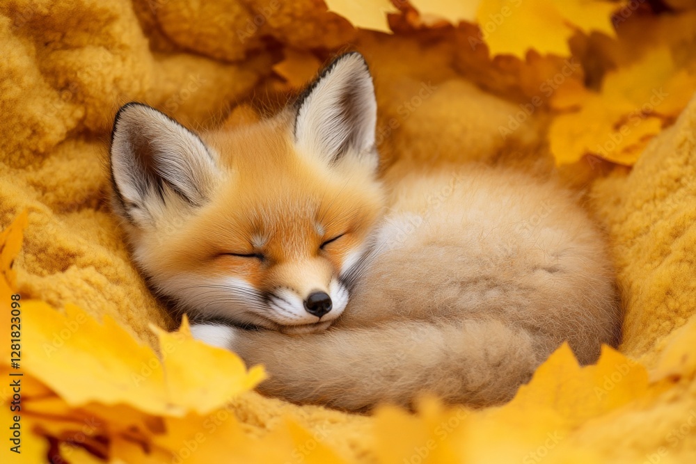 Obraz premium Sleeping fox nestled among vibrant autumn leaves in a cozy setting