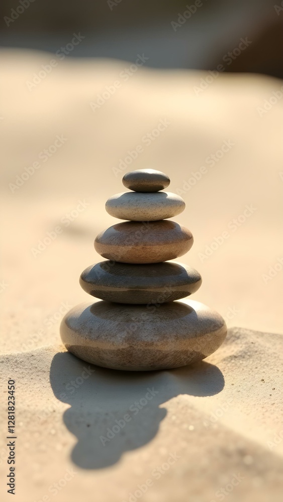 Balanced Stone Tower on Sandy Desert, Tranquil Nature Scene, Zen Harmony Outdoors Balanced Stone Tower on Sandy Desert, Tranquil Nature Scene, Zen Harmony Outdoors