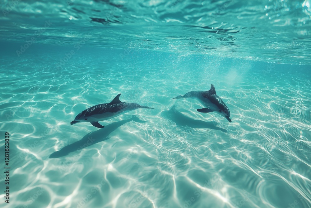 Obraz premium Dolphins swimming gracefully in clear turquoise waters during a sunny afternoon