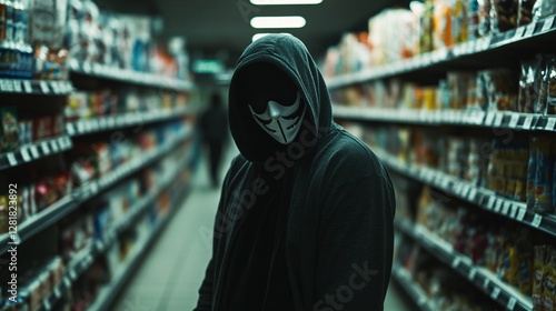 Masked figure in supermarket aisle, night, surveillance