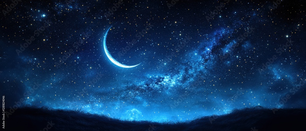 Fototapeta premium Serene celestial vista with a crescent moon illuminating a starry night sky over a tranquil landscape in deep blue tones