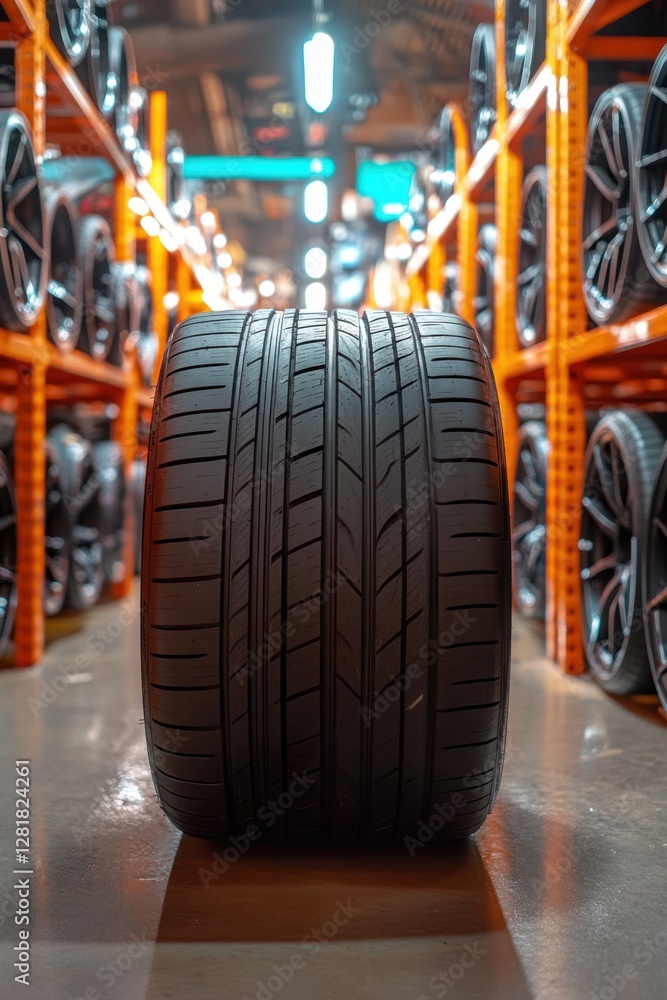 Automotive tire displayed in warehouse setting showcasing tread pattern and wheel selection for vehicle maintenance and replacement with industrial lighting Automotive tire displayed in warehouse setting showcasing tread pattern and wheel selection for vehicle maintenance and replacement with industrial lighting