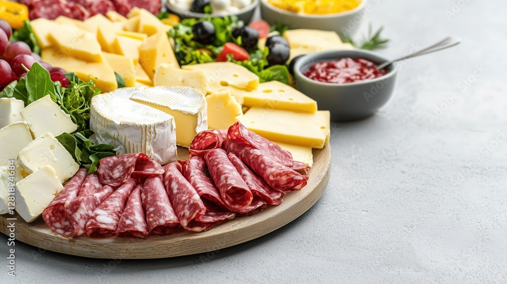 A deli counter with sliced meats, cheeses, and prepared salads, advertising style, copy space. A deli counter with sliced meats, cheeses, and prepared salads, advertising style, copy space.