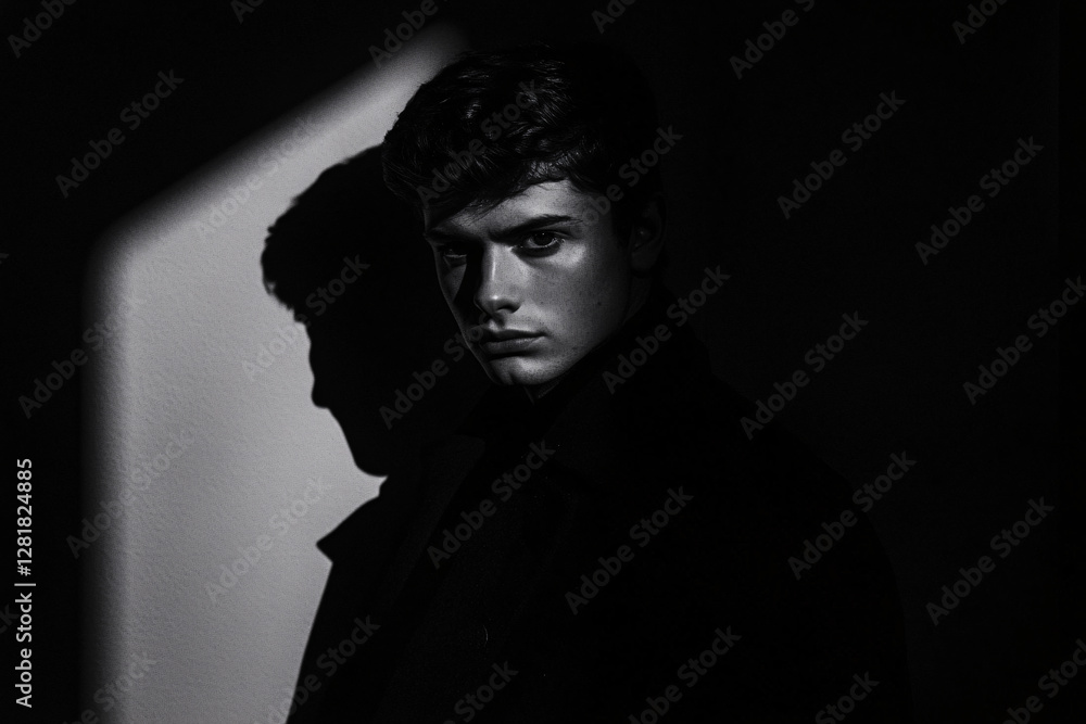 Fototapeta premium Dramatic High-Contrast Portrait of a Male Model in Moody Lighting, Featuring Fashion Aesthetics with Strong Shadows and Bold Color Accents