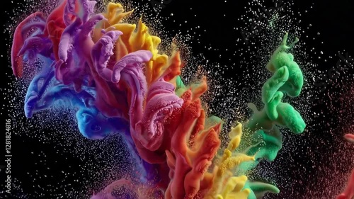 Vibrant explosion of colorful ink in water with purple, orange, and yellow hues against a black background. Creative abstract art with dynamic motion and energy concept