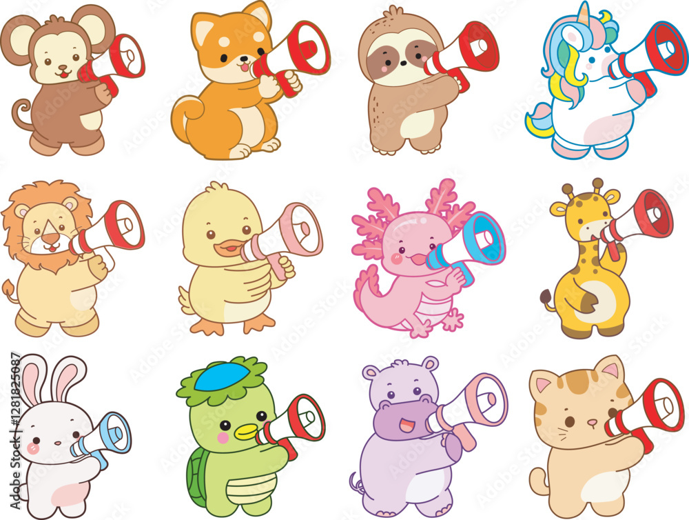 Fototapeta premium Set Vector Stock Illustrations Isolated of Baby Animals. Cute animals with various activities. Funny sticker of animal kids.