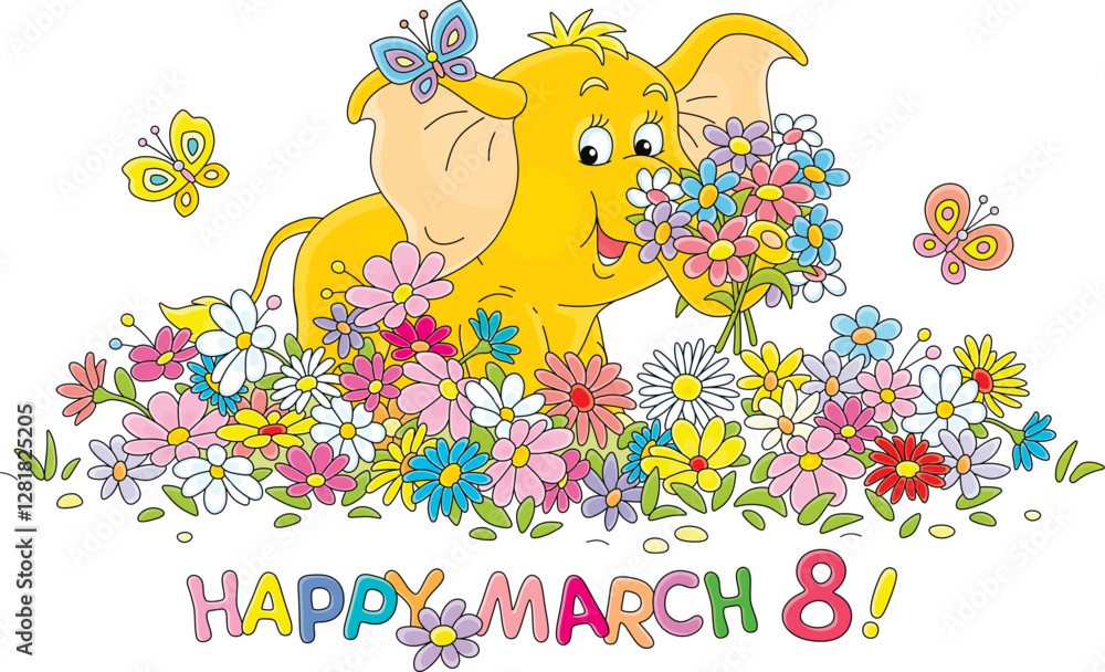 Obraz premium Happy March 8 card with a happy little baby elephant holding a beautiful bouquet among colorful flowers and merry butterflies flying around a pretty flowerbed in a spring garden, vector cartoon
