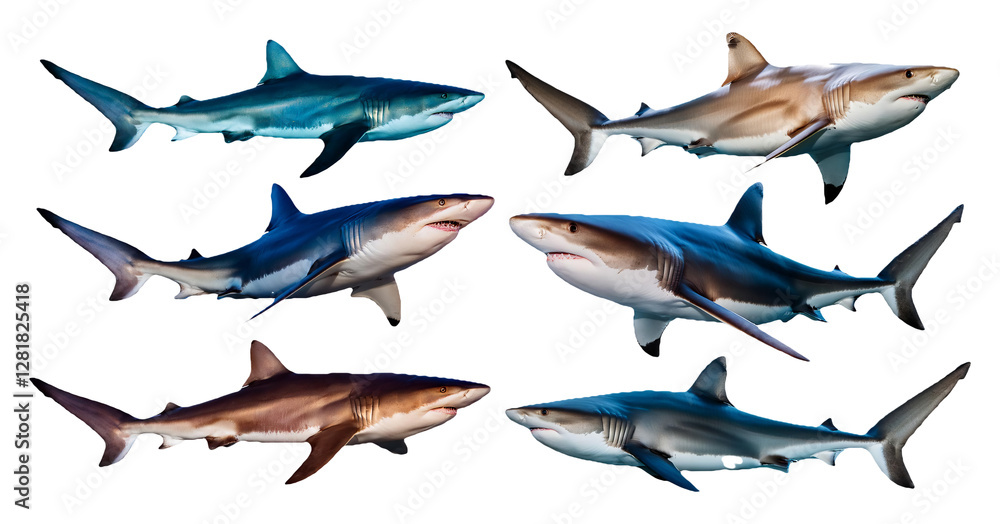Naklejka premium Set of different shark species swimming in various directions isolated on transparent background