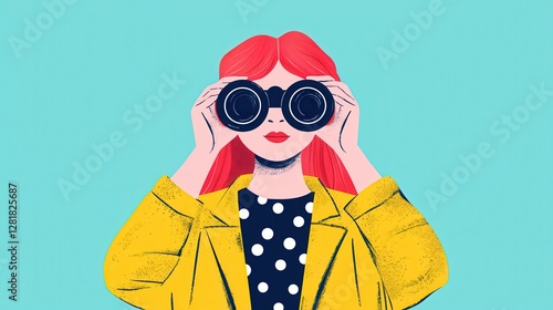 A colorful illustration of a woman with red hair wearing a yellow coat and polka-dotted shirt, looking through binoculars against a turquoise background.